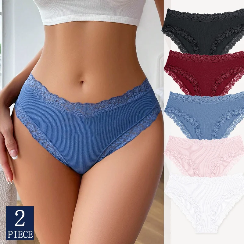 

2PCS Contrast Lace Flower Panty Ribbed Pants Mid Waist Women Panties Breathable Girls Underwear Lingerie XS-XL