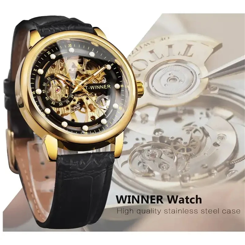 Winner 99B Mens Watches Mechanical Watch Tourbillon Sport Clock Leather Casual Business Retro Wristwatch Relojes Hombre