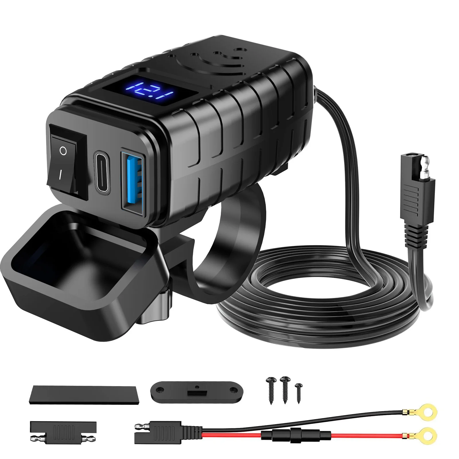 Motorcycle USB Charger Total 48W Dual USB Type C PD & Quick Charge 3.0 Motorcycle Phone Charger with Voltmeter & ON/Off Switch