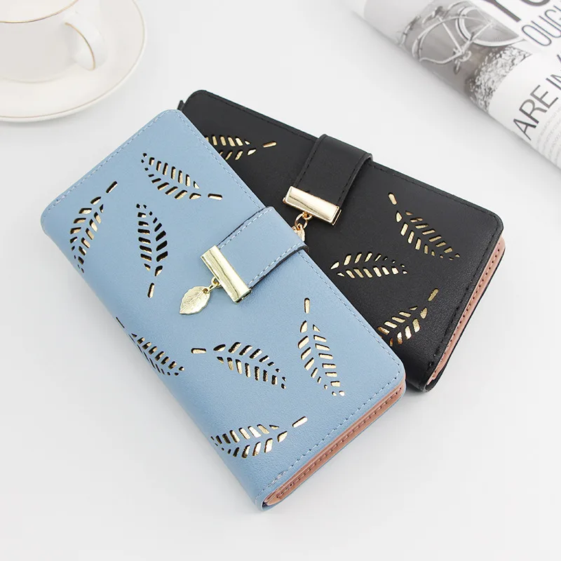 

New Leaf Hollowed-out Long Zipper Purse Women Zero Mobile Phone Bag Women's Handbag Zero Purse