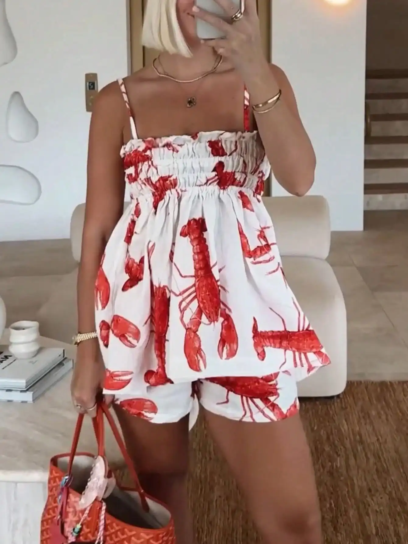 Women Lobster Print 2 Piece Matching Set Spaghetti Strap Smocked Cami Top Loose Shorts 100% Polyester Woven Summer Beach Outfit