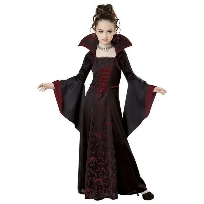 Abiti da strega per bambini Halloween medievale retrò in pizzo colletto rialzato vestiti per ragazza abito a maniche lunghe stampato cosplay ragazze