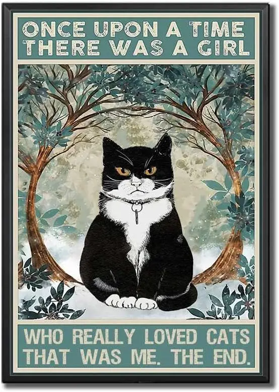 ELIPOS cats had a girl she really loves the black cat mural and vintage metal sign for cat lovers Retro aesthetic canvas 16