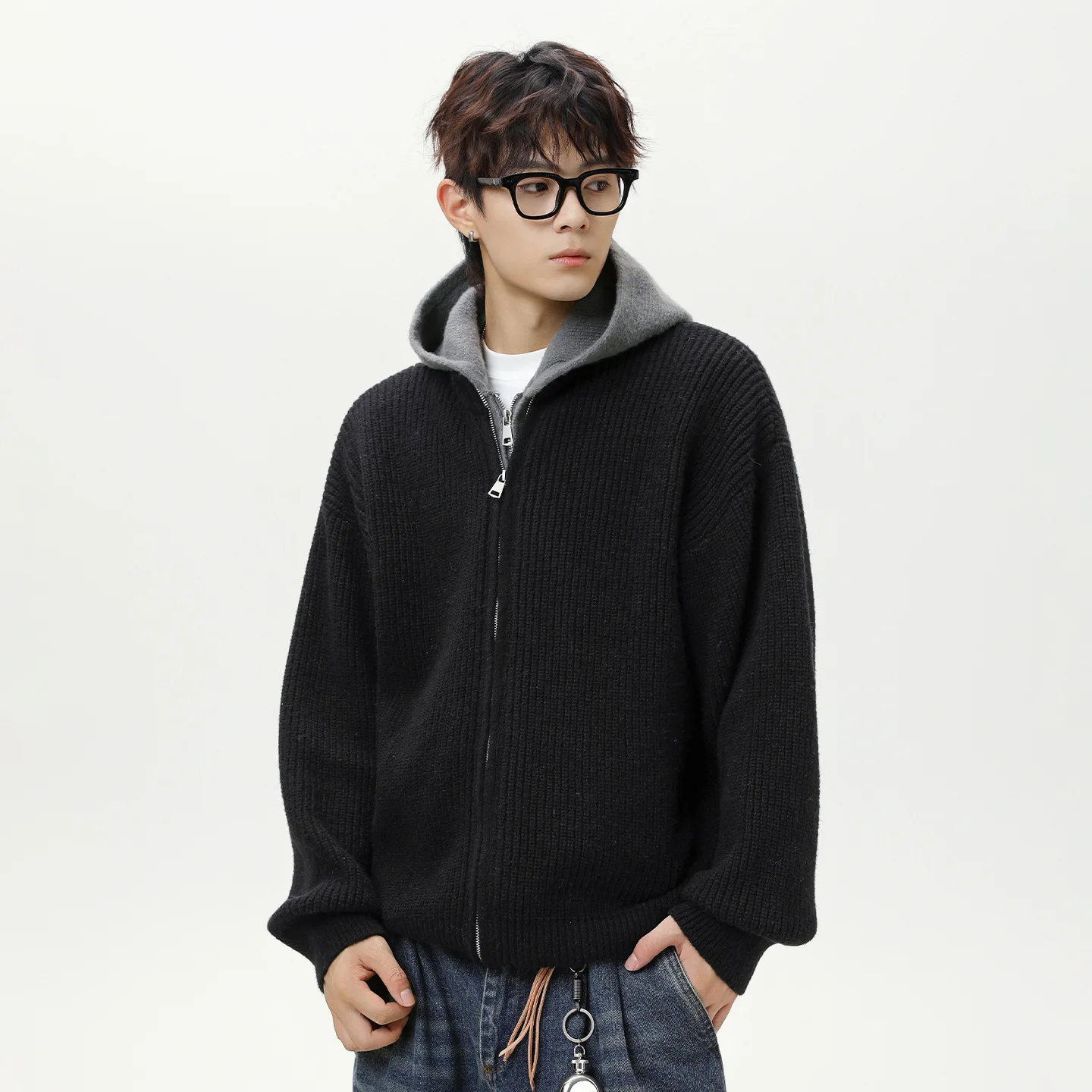 Women Men Knitted Cardigan Sweaters Solid Jumpers Zipper Fake Layer Hooded Long Sleeves Loose Casual Streetwear Autumn Winter