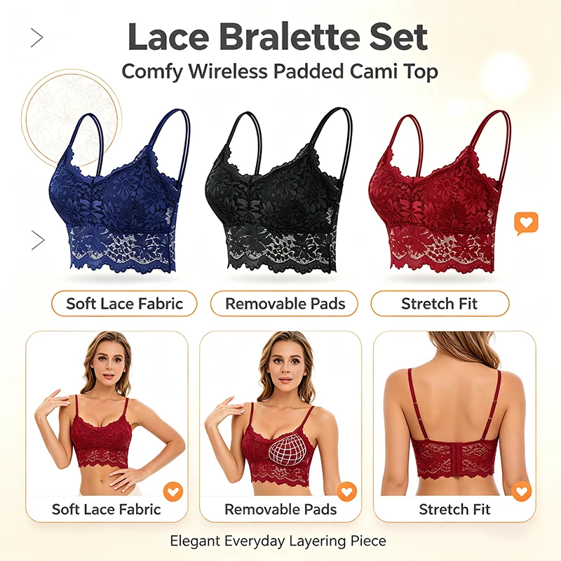 Women Lace Bralette Wireless Bra Sexy Hollow‑out Floral Camisole Top Removable Pads Solid Color Seamless Lingerie Vest