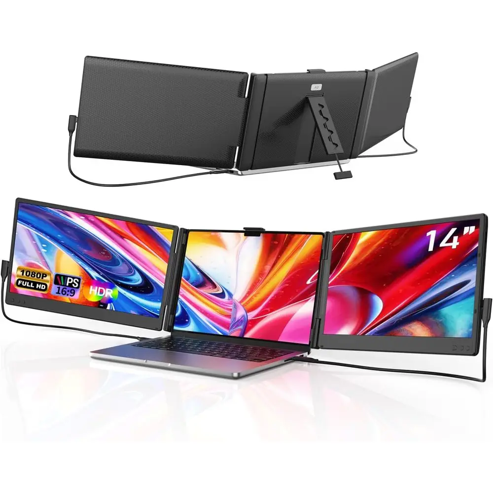 14 HD 1080P Portable Monitor, Triple Display Extender for 13-17.3 Laptops, Compatible with Windows & Chrome OS