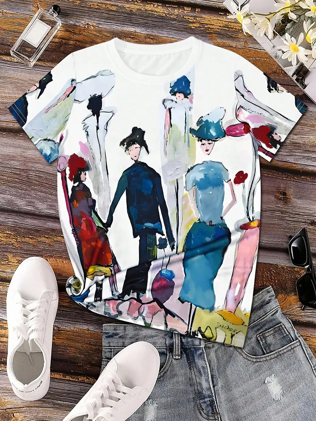 

Women's Loose Fit Abstract Watercolor Print Round Neck Short Sleeve T-Shirt