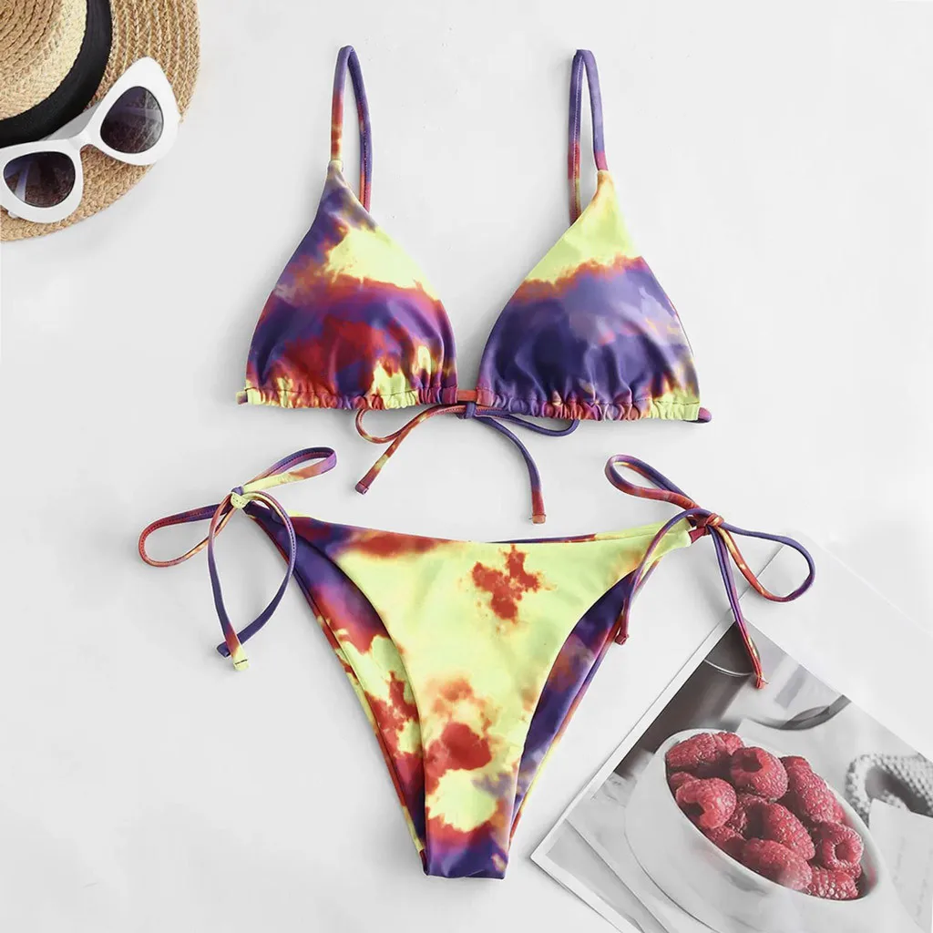 Women Swimmwear Swimsuit Set Lace Two Pieces High Bikini Tie-Dye Print Padded Sexy Biquinis Beach Bathing Suit Tankini