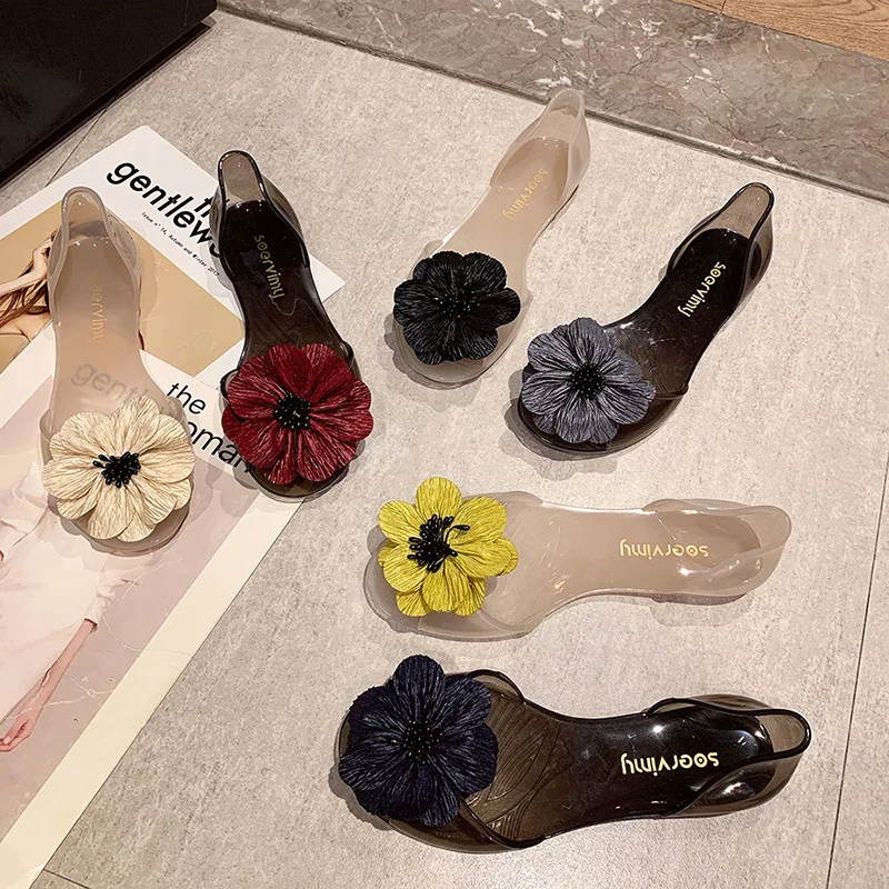 Size 35-41 Women Girls Jelly Sandals Peep-toe Shoes INS Hot Sales Sweet Sun Flowers Transparent PVC Summer Beach Flats Shoes