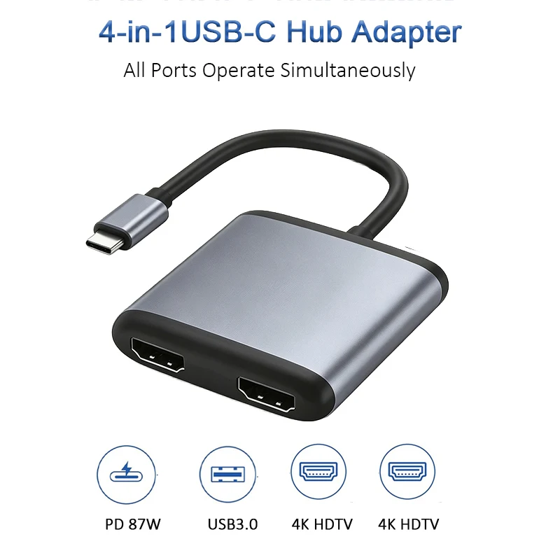 4-in-1 Type-C Docking Station PD Charging USB3.0 High Speed Hub Dual 4K HD Video Output USB-C Adapter for Laptop MacBook Ph