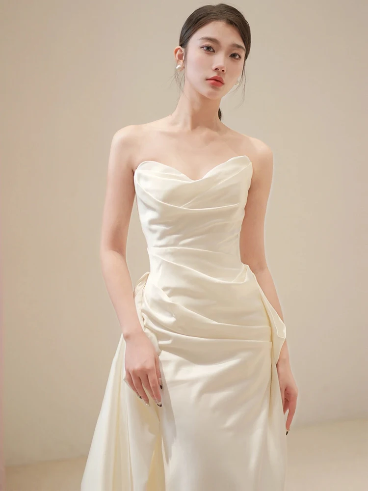 

Light Wedding Dr Simple Strapl Fi Tail Gown Silky Satin Fabric Bride Outfit Ele Entrance Ceremony Dr