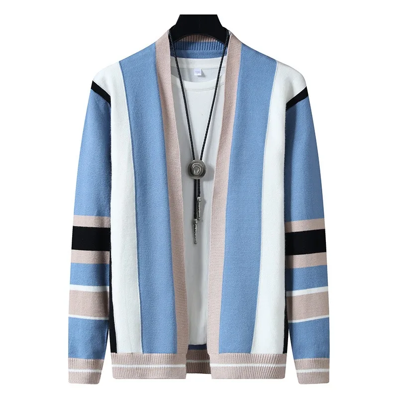 العصرية مخطط الجاكار سترة متماسكة الرجال الخريف الشتاء طويلة الأكمام ياقة سليم عادية محبوك سترة سترة الرجال الملابس #5