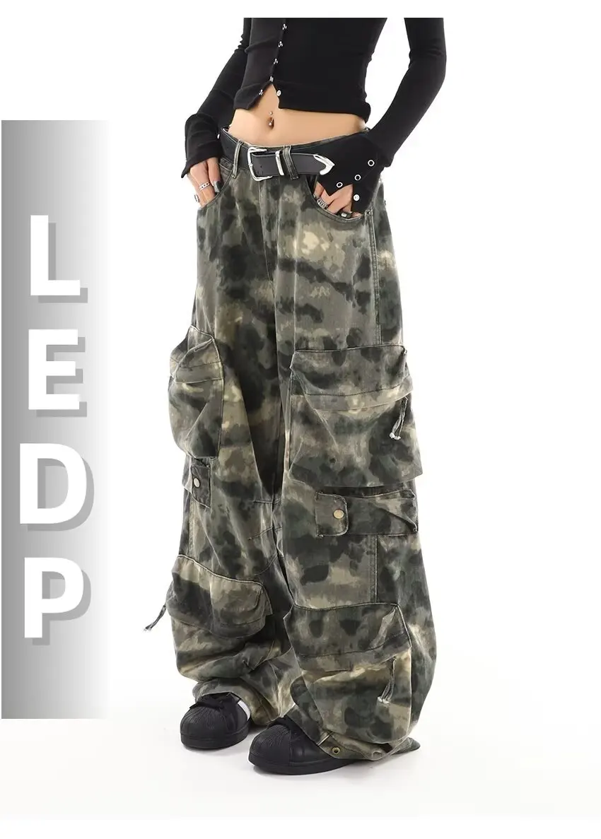 IMU American Vintage Multi-pocket paratrooper Camouflage Pants Women Y2K Streetwear Wide Leg Pants Popular Casual Straight Trous