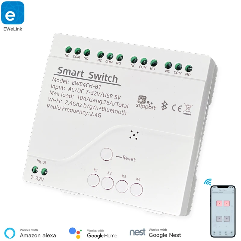 Smart 4 Channel Smart WiFi Bluetooth Wireless Dry Contact Relay Switch Module,APP Remote Control,Works With Alexa Google Home