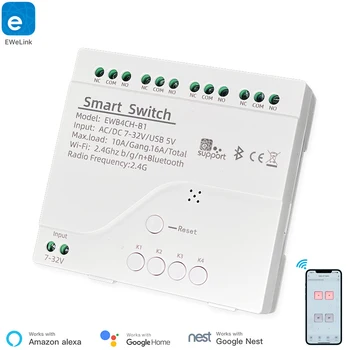 Intelligent 4 Channel Smart WiFi Bluetooth Wireless Dry Contact Relay Switch Module, APP Remote Control, Works with Alexa Google Home