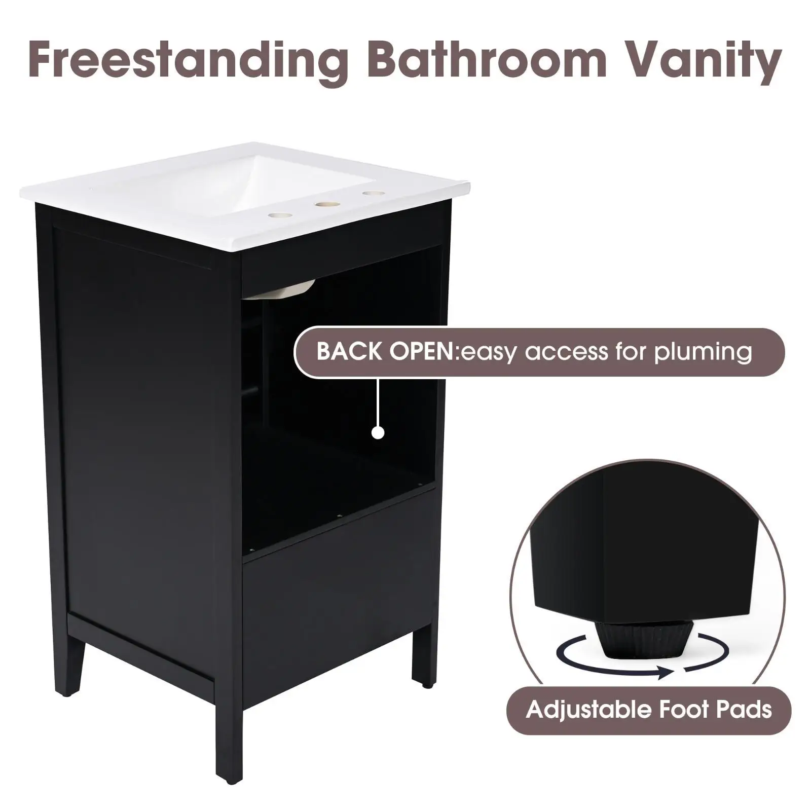 

Small Bathroom Furniture Vanity with Black Wooden Cabinet Door Overhead Ceramic Sink and Adjustable Foot Pads for Organizing