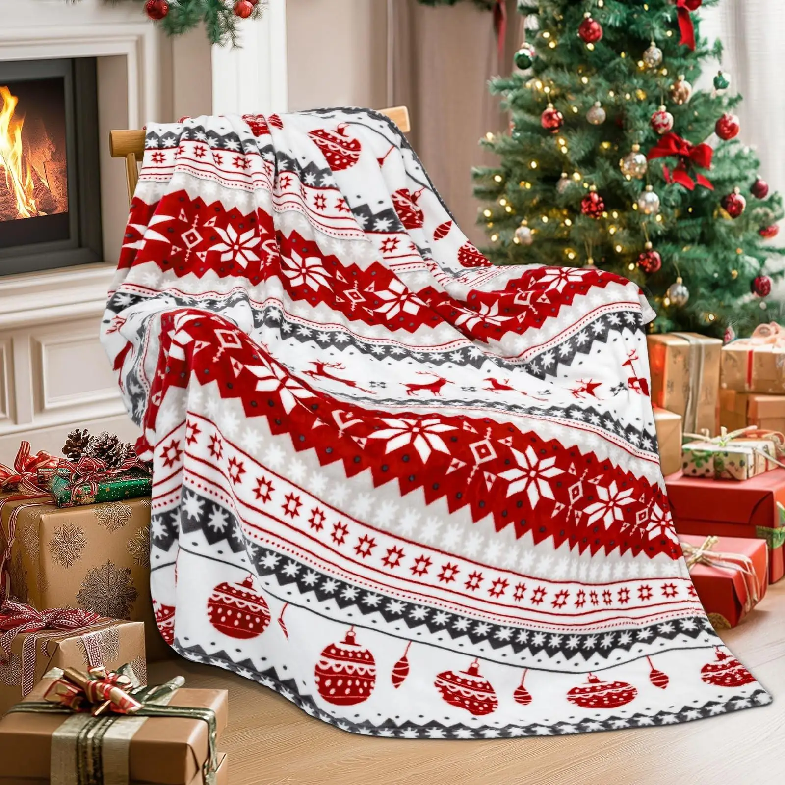 Christmas Throw Blanket for Couch, Holiday Christmas Reindeer Snowflakes Flannel Fleece Blanket, Warm Winter Cabin Throw Decor