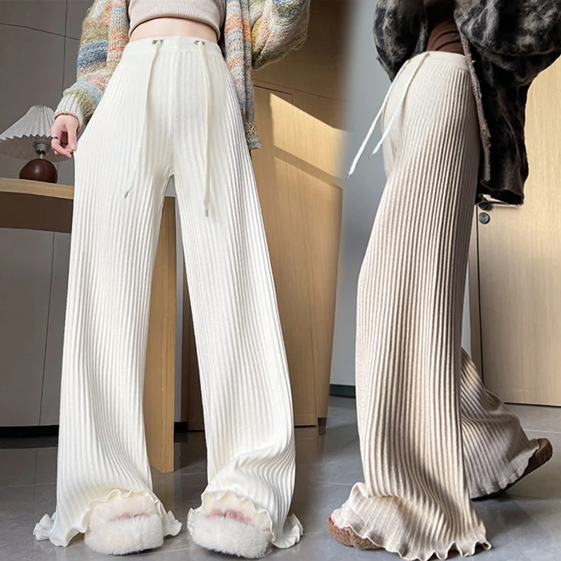 

Maternity Wear Autumn Winter Premium Knitted Flared Pants Scalloped Edges Casual Loose-Fitting Slim-Floor Full Length Trousers