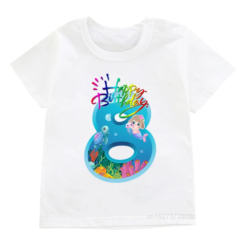 Ocean Number 1-8th Birthday For Girls T-shirts Mermaid And Sea Turtle Graphic Print Children’S Tee Cute Fashion Girl Top Clothes