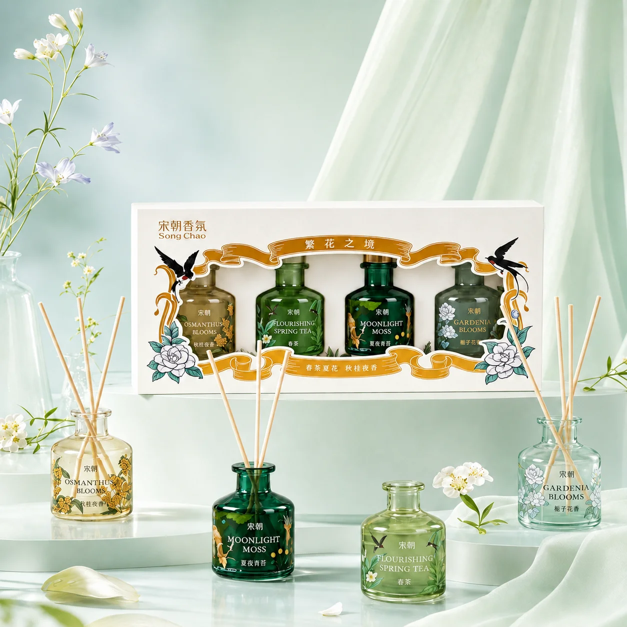 SONGCHAO Blooming Realm Reed Diffuser Gift Set 4 Scents 50ml Each Long Lasting Home Fragrance Decor Gift