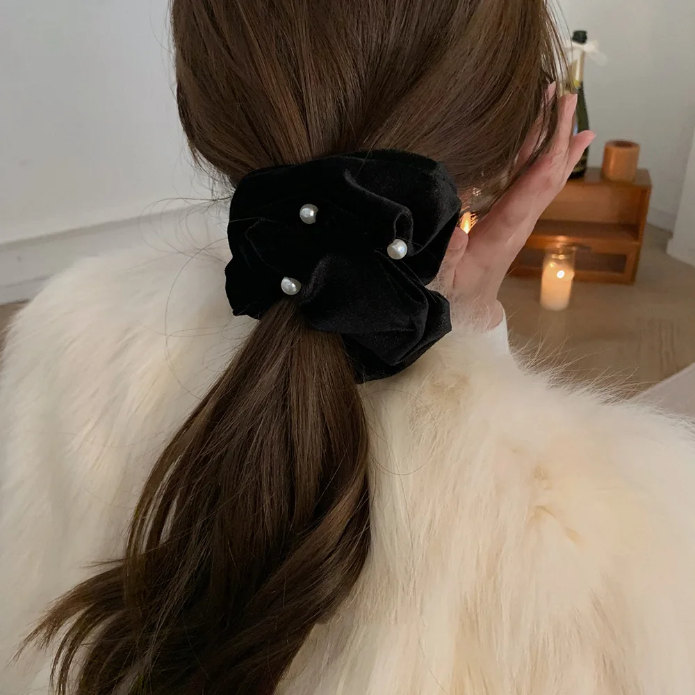 

Black Large Velvet Scrunchy for Hair With Pearl Hairties Hair Loop Hair Accessories for Girls and Women