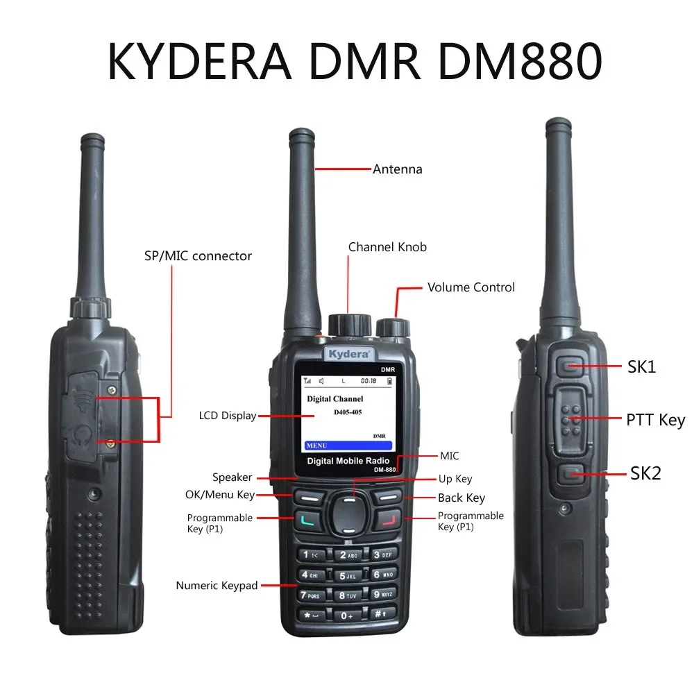 Kydera DR-880 Rádio digital portátil Vhf Uhf 3000mAh com rádio bidirecional de criptografia AES256