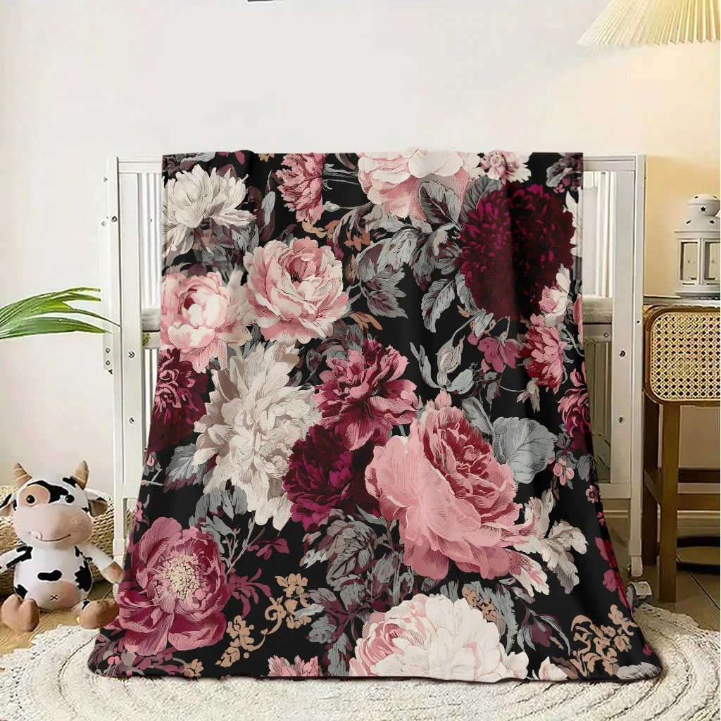 Elegant Floral Print Flannel Throw Blanket Luxurious Botanical Design for Couch Sofa Bed Decor Cozy Home Winter Gift