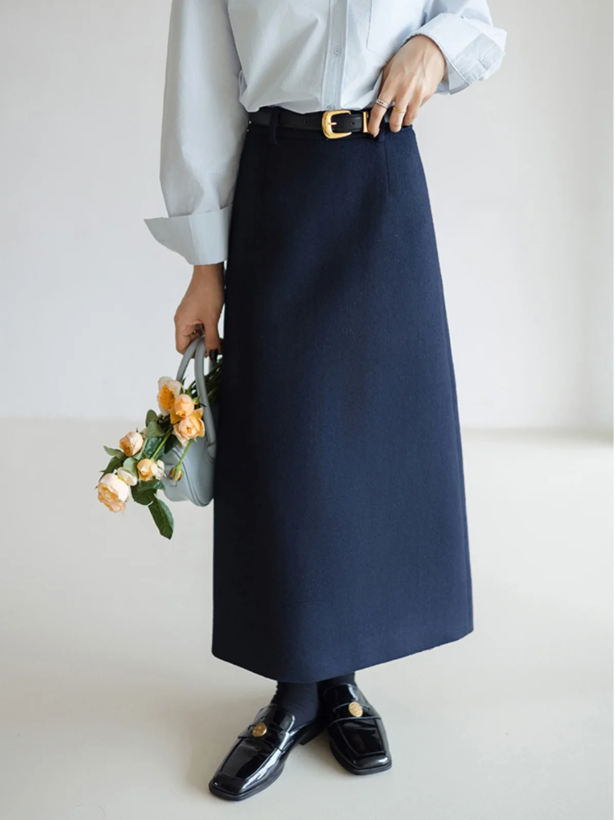 

Original Wang Fei Home ey Woolen A-Line Skirt Women's High Waist Long Sle Commute Korean Version Polyester Fiber