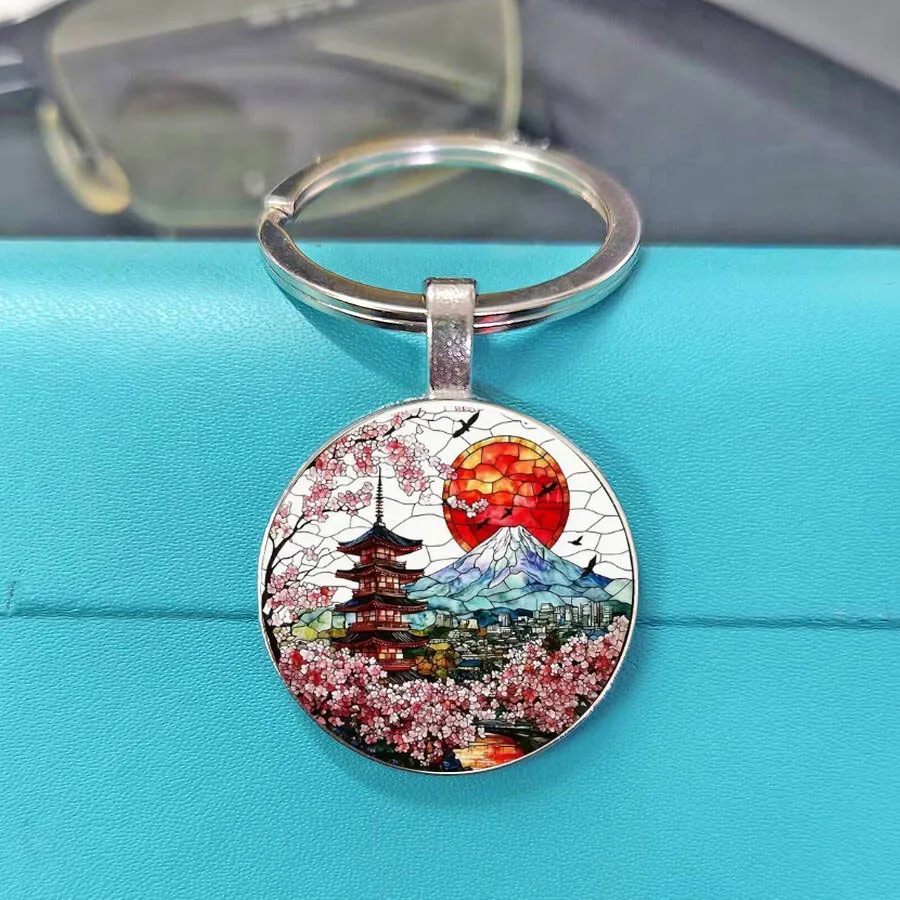 Hot Popular Retro Selling Mount Fuji Cherry Blossom Keychain - Elegant Exquisite Stained Glass Art, Unisex Bag Charm