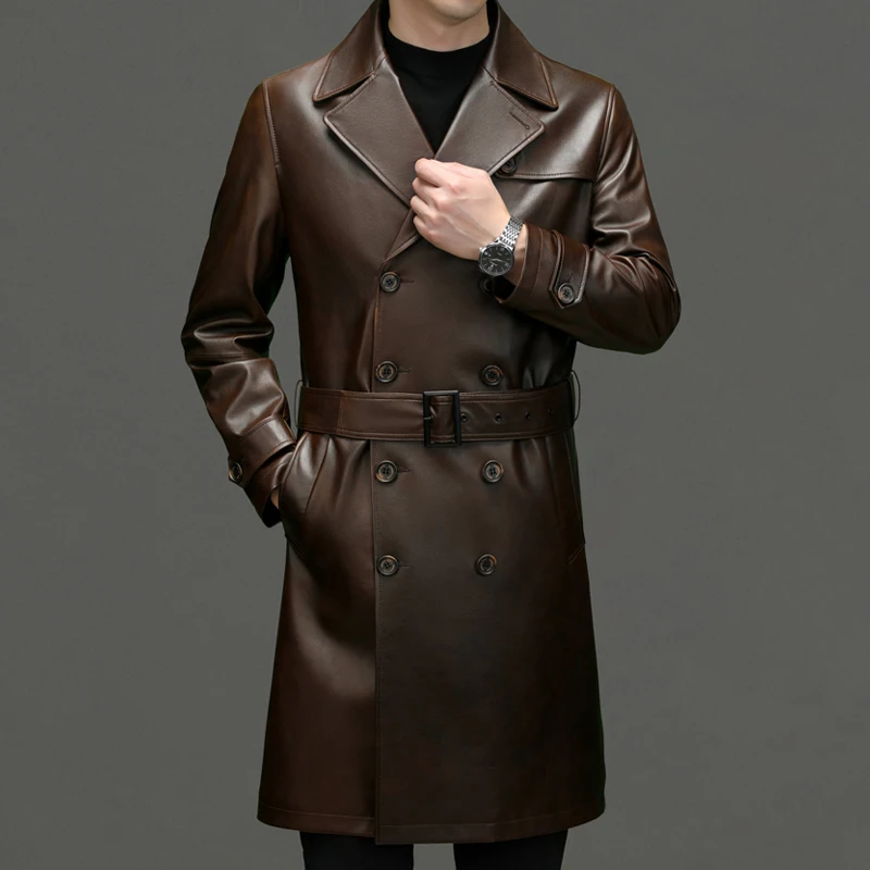 

2024 Autumn/winter New Men's Business Fashion Solid Color Double Breasted Casual Leather Coat Lapel Trench Coat Cowhide Coat