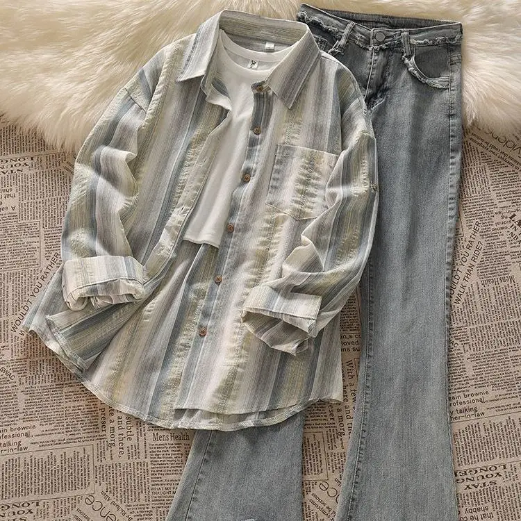 Korean version women's suit lazy loose striped long sleeved shirt jacket women's design sense fringed jeans three piece set