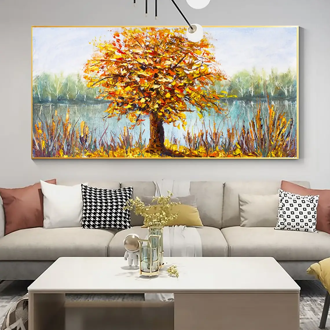 Blooming Yellow Tower Tree Hand Painted Oil Painting on Canvas Abstract Textured Lake Landscape Modern Wall Art Home Decoration