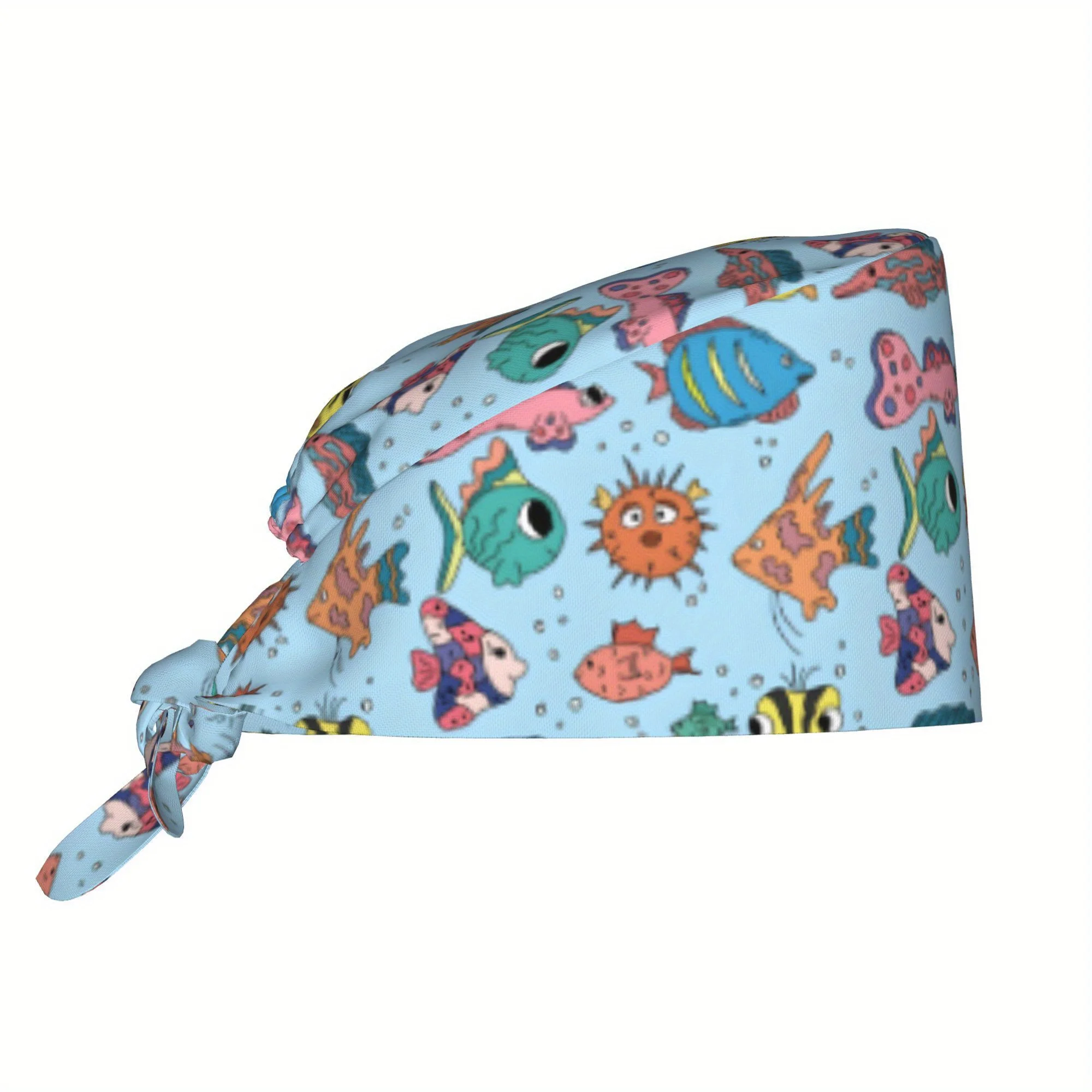 1pc Women's Lightweight Adjustable Skull Cap - Vibrant Tropical Fish Print, Tie-Back Nurse Hat, Dustproof Chef & Cooking Cap, Ma