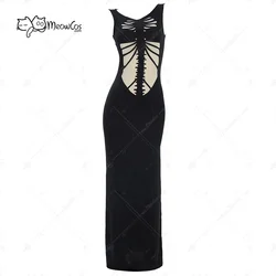 MEOWCOS  Women Gothic Style Black Dress Skeleton Hollow Cutout Patchwork Dress Halloween Cosplay Costume