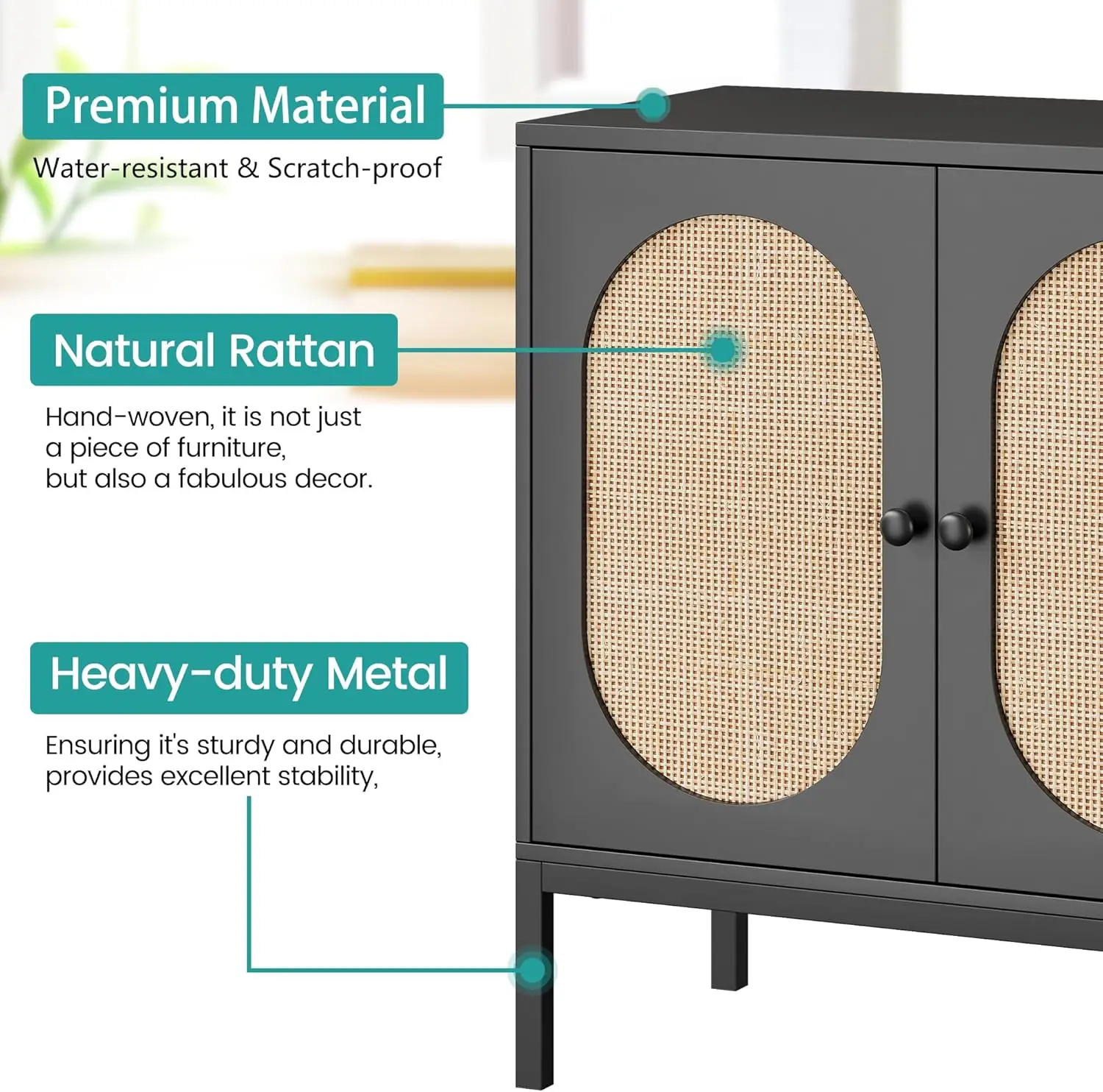 IDEALHOUSE Rattan-Buffetschrank, Aufbewahrungsschrank mit Türen und Regalen, Akzentschrank-Sideboard, schwarzer Konsolenschrank