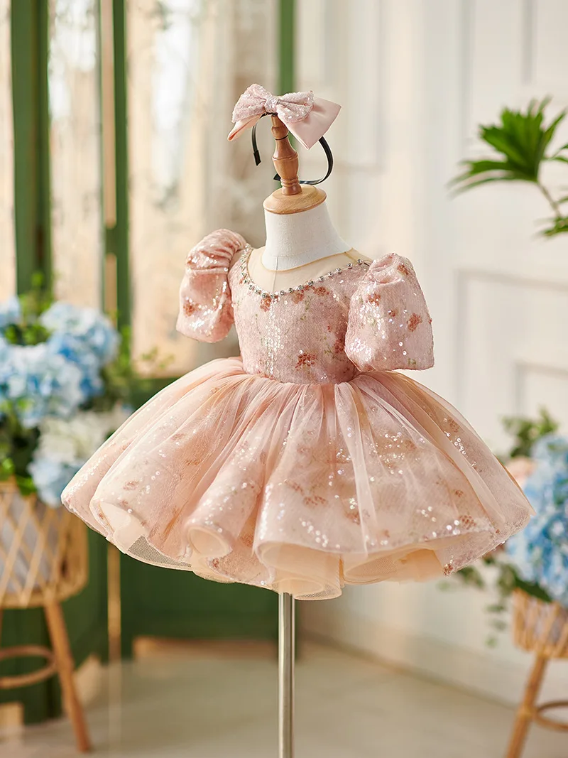 Light luxury elegant bubble sleeve rose print tulle pomace skirt baby dress, first birthday dress suitable for a variety of spec