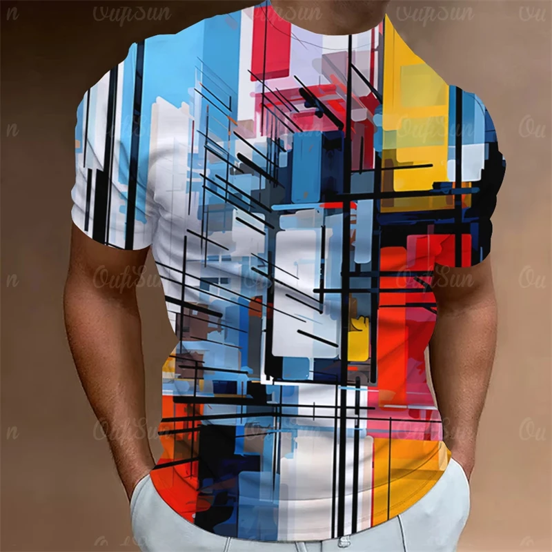 Vintage T Shirt For Men Geometric Stitching 3d Print Oversized T-shirts Loose Tops Casual Short Sleeved Street Daily Clothing