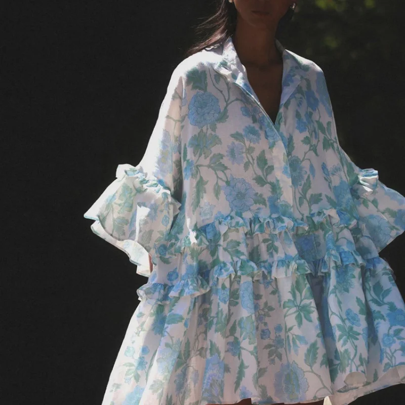 

Hot-Selling French Style Dress for Autumn, Petite Women's Turn-Down Collar Ruffled Printed Puff Dress