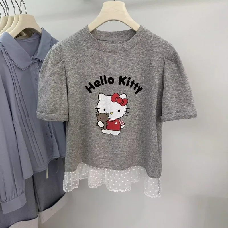 

Korean Cartoon Hello Kitty Lace Border Patchwork Short Sleeved Shirts for Women Summer Versatile O-Neck Tops Graphic T Shirts