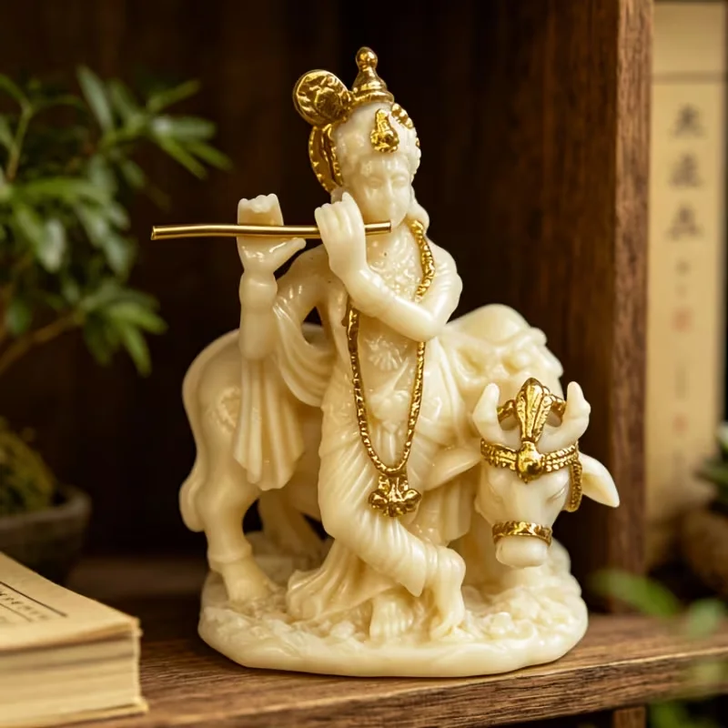 Ivory Gold Hindu Style Flute Statue for Home Decor