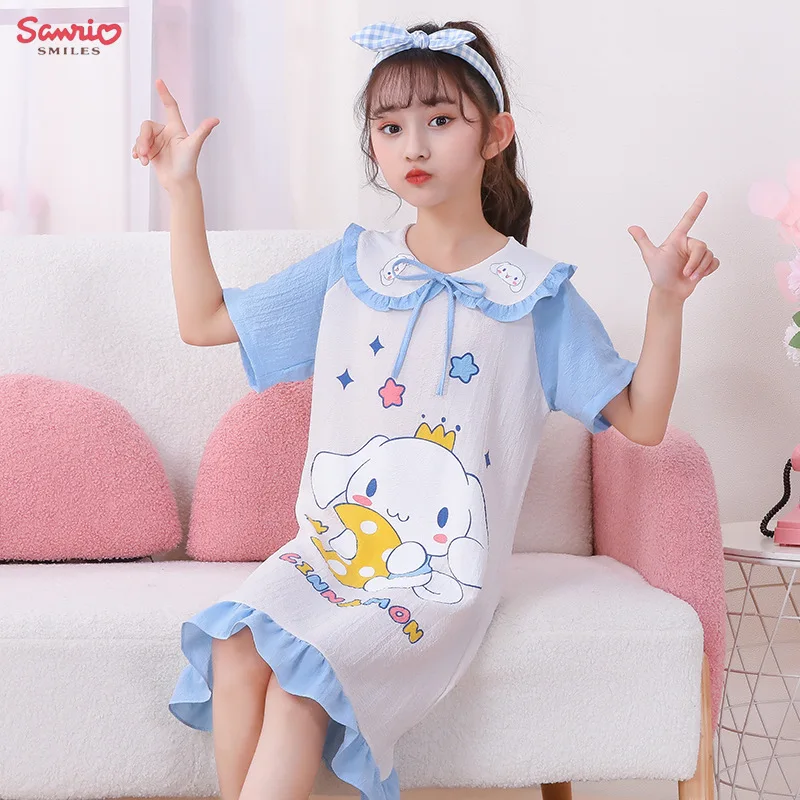 Girl's Summer Pajamas Sanrio Hello Kitty Kuromi Children's Dress Pochacco Anime Cartoon House Clothing Short Sleeved Cute Skirt