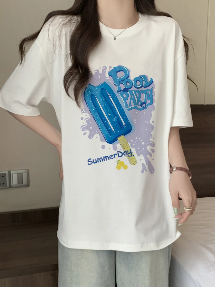 Cotton printed summer loose short sleeved T-shirt for women