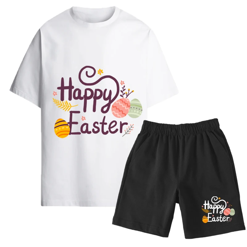 

Pure Cotton Set Easter Art Word Happy Easter 2025 Cotton T-Shirt Shorts Printed Short Sleeved New Casual Children's Clothing