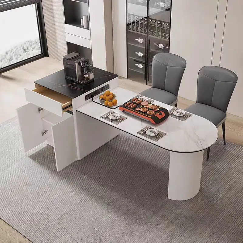 

Modern simple island dining table integrated retractable rock slab island small apartment dining table stretched cream wind