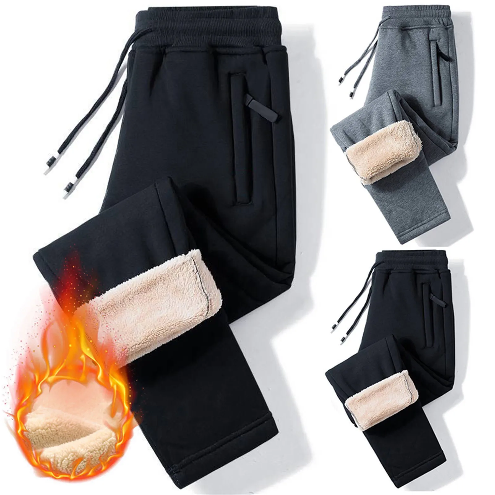 

Winter Lambs wool Warm Casual Pants Men's Fitness Jogging Sweatpants Male Solid Drawstring Bottoms Fleece Straight Trousers