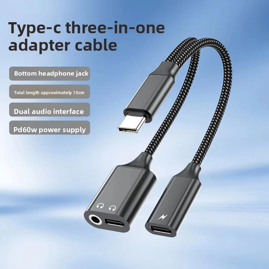 Image of USB-C auf 3,5mm Kopfhöreradapter, 3-in-1 Audio- & Ladekabel, PD 60W Schnellladung, Dual-Jack DAC-Chip für Typ-C-Geräte