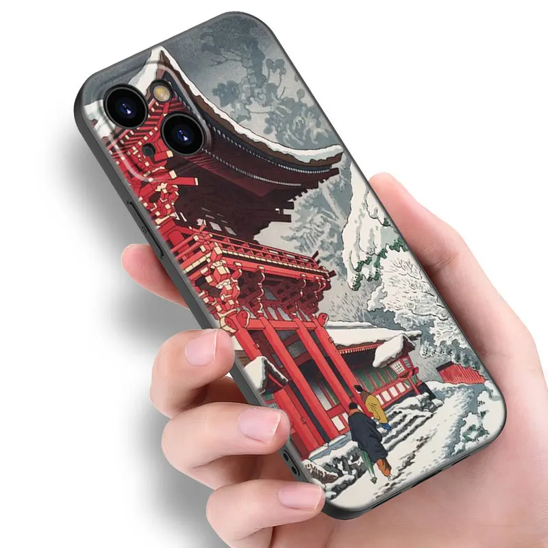 Ukiyo-e Japanese Style Art Black Silicone Phone Case For Apple iPhone 12 13 Mini 11 14 15 16 Pro Max 7 8 Plus