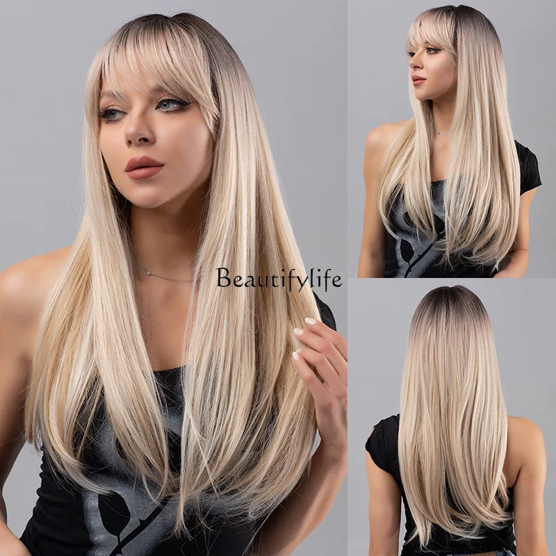 

60.96Cm multi-color long straight synthetic fiber heat-resistant wig with bangs suitable for daily use