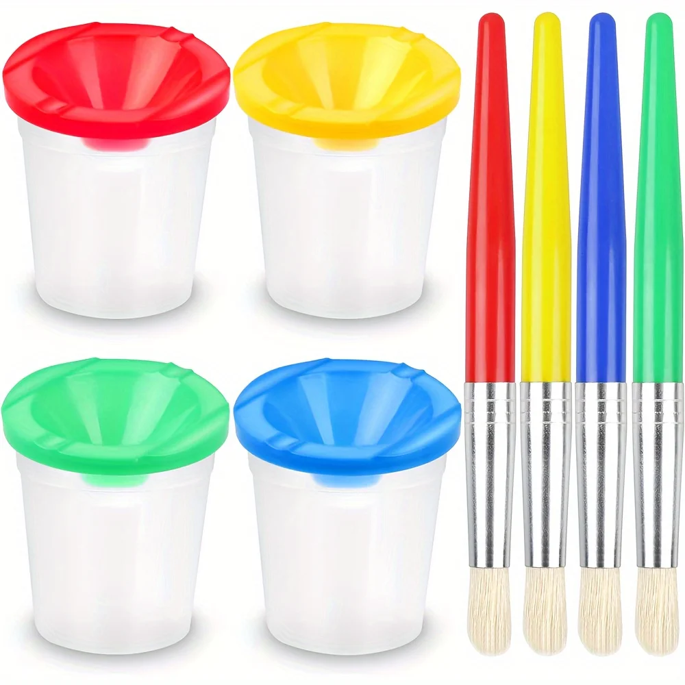 

Spill Proof Paint Cups With Pastel Color Lids With 4pcs Paint Brushes, Great Painting Tools