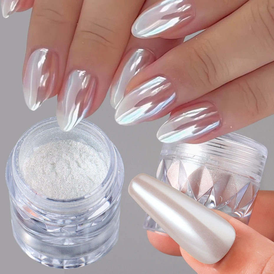 1 Box White Chrome Pearl Nail Powder Aurora Mirror Nail Art Powder Pigment Fairy Pink Effect Rubbing Glitter Nail Art Decoration